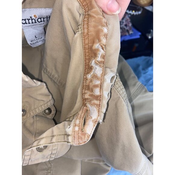 Carhartt Men Khaki Large Distressed Button-Up Shirt Cotton Long Sleeve - Picture 8 of 9